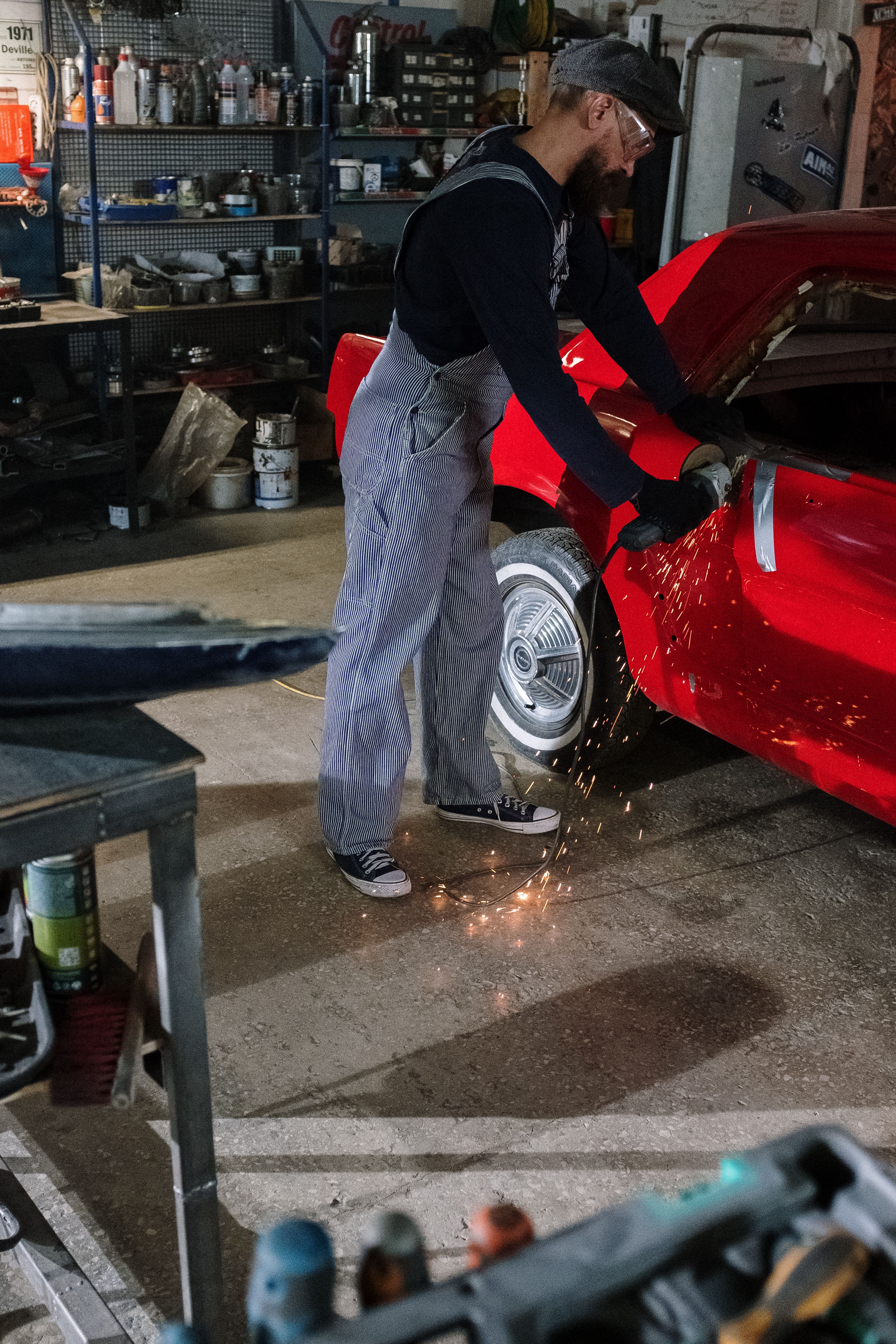 Professional auto collision repair technician at work